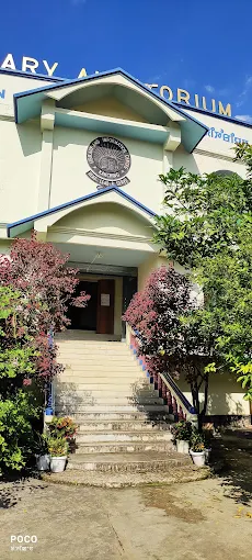 Steps leading up to the auditorium entrance, flanked by flowering trees and potted plants.